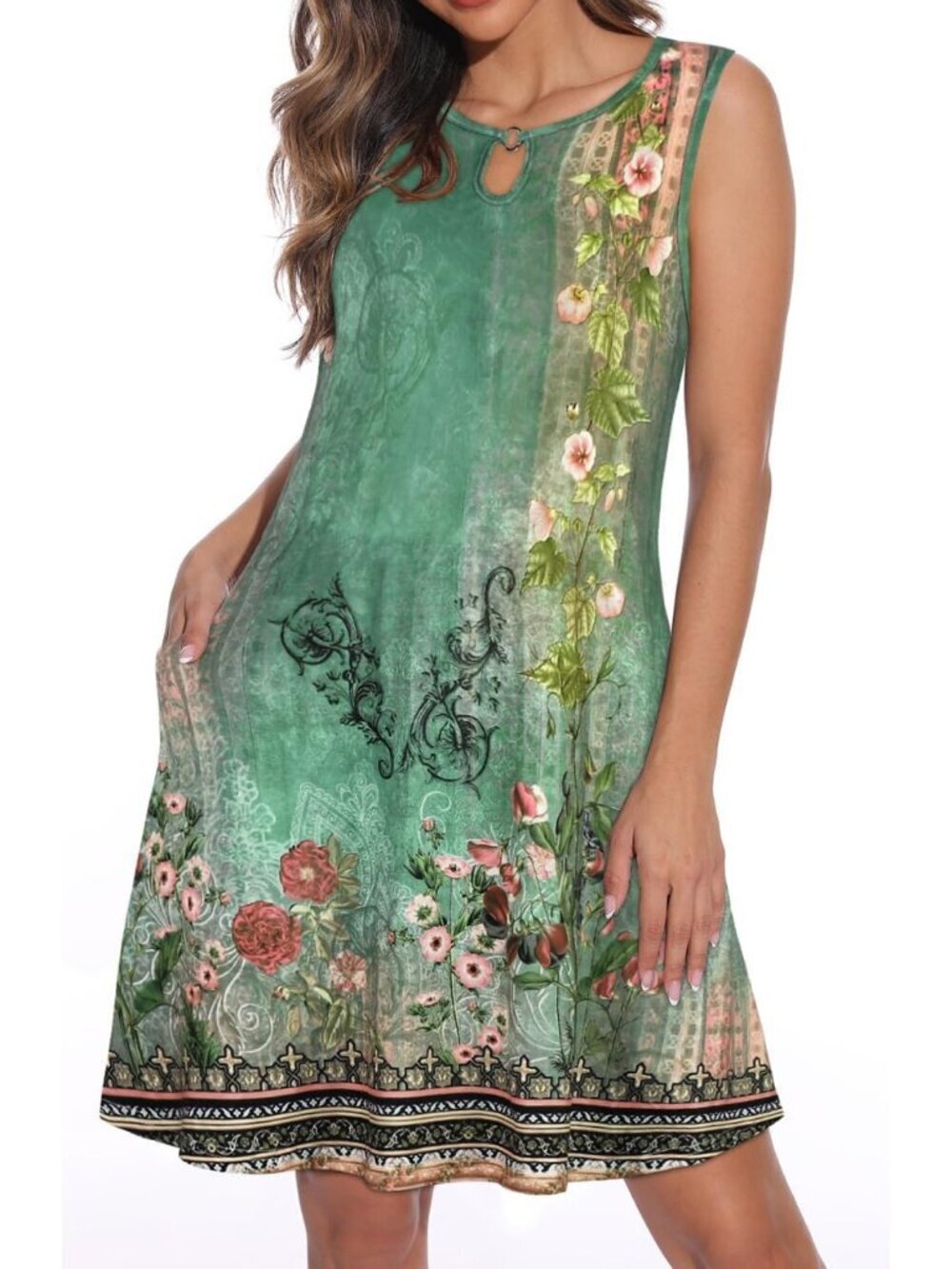 Women's Summer Sleeveless Sundress Floral Loose Fit Cover Up Dark Sea Green